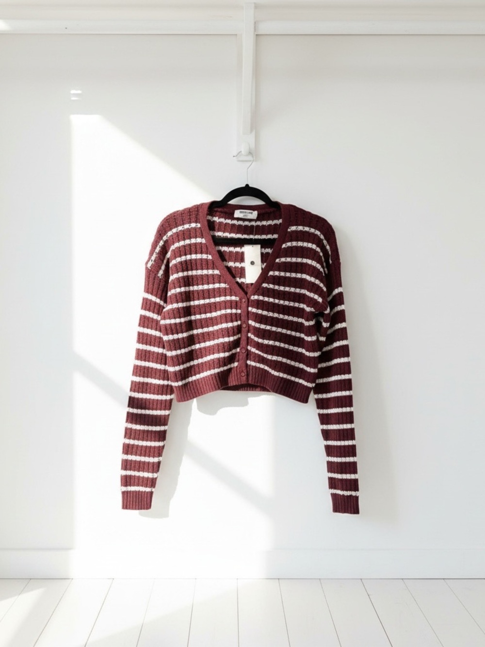 Double Zero Burgundy & White Striped Cropped Cardigan